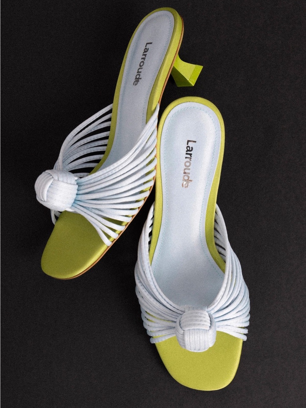 Larroude Lime Green and White Knotted Strappy Mule Heels